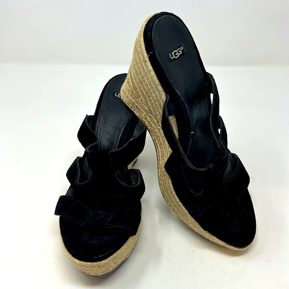 UGG Black Leather Suede Wedged Espadrille Slip-On Sandals Size 8.5